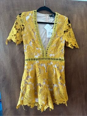 Misguided Mustard Ladder Lace V-Neck Romper/ Playsuit